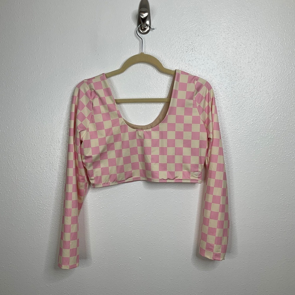Albion Fit Pink Check Long Sleeve Crop Swim Top Size Large